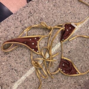 Brown and Gold Dancer Bikini with Rhinestone Accents